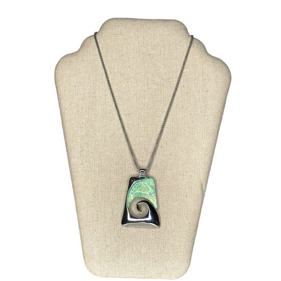 Wave Pendant Necklace Silver Tone and Teal - Picture 3 of 7